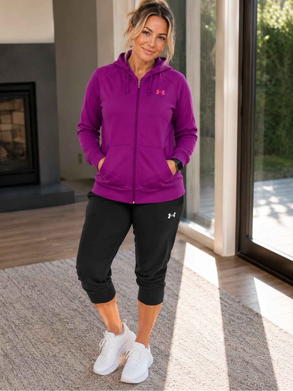 Under Armour Women’s XL  Purple Zip Hoodie with black capri outfit